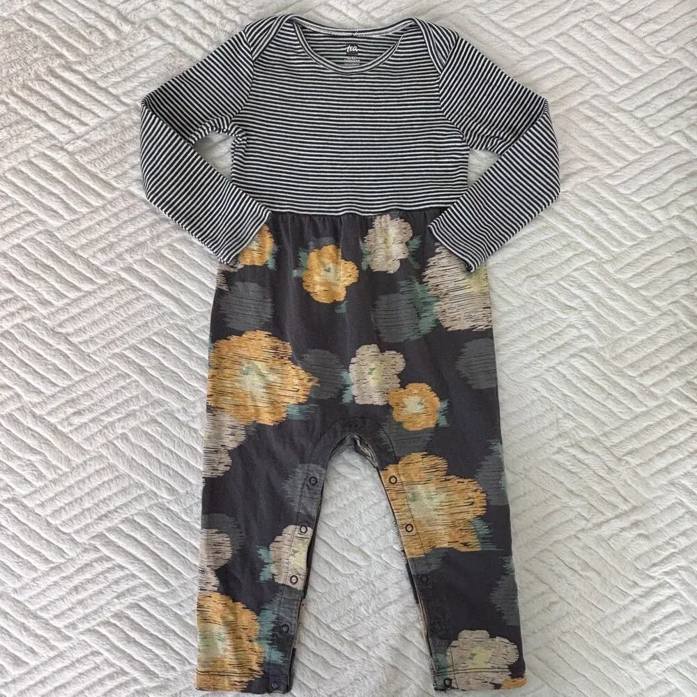 Tea Collection Baby Size 18-24M Striped Impressionist Roses Print Romper Cotton